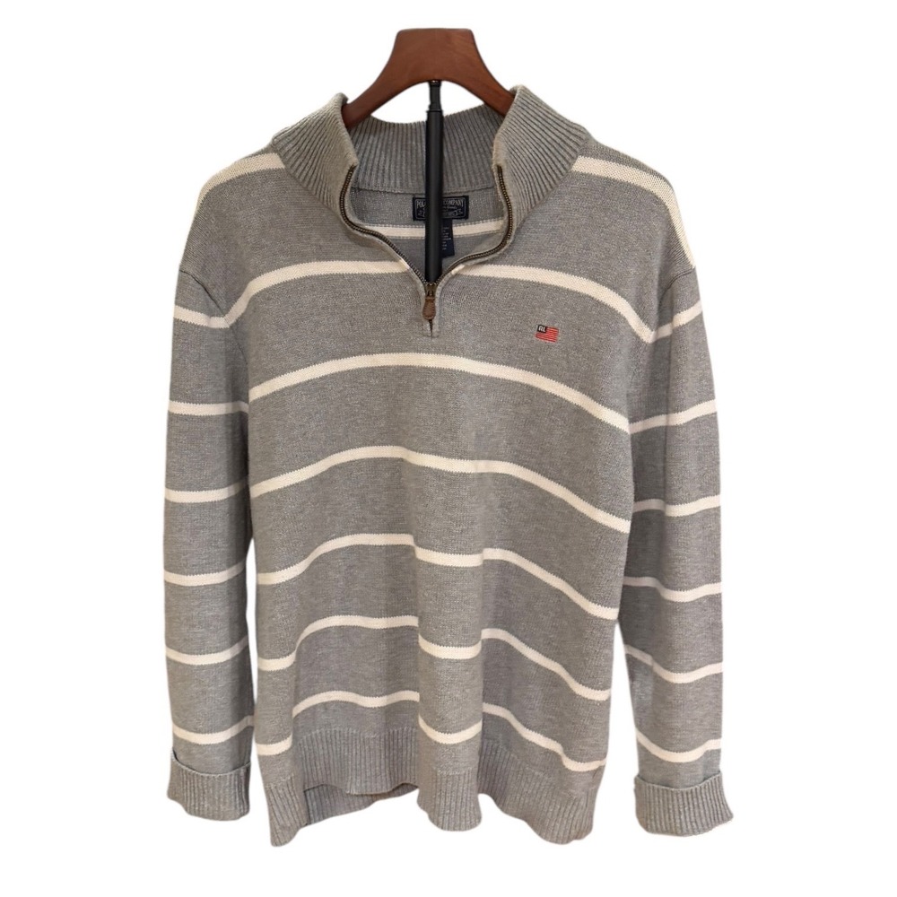 Polo Jeans Ralph Lauren Mens Quarter Zip Striped Cotton Sweater Gray Old Money L